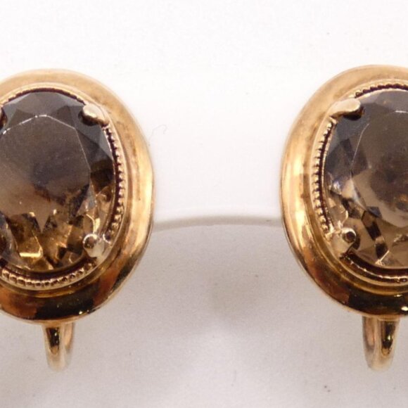 Vintage AMCO Jewels; 14K Overlay; Smoky Quartz Screw On Earrings; 0.5" - Picture 1 of 7